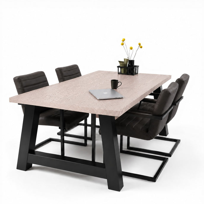 Industriële eettafel Bos met white eiken blad en modern zwart metalen frame