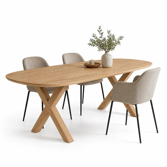 eettafel deens ovaal arc met drie witte stoelen en het blad is met een verjongde rand