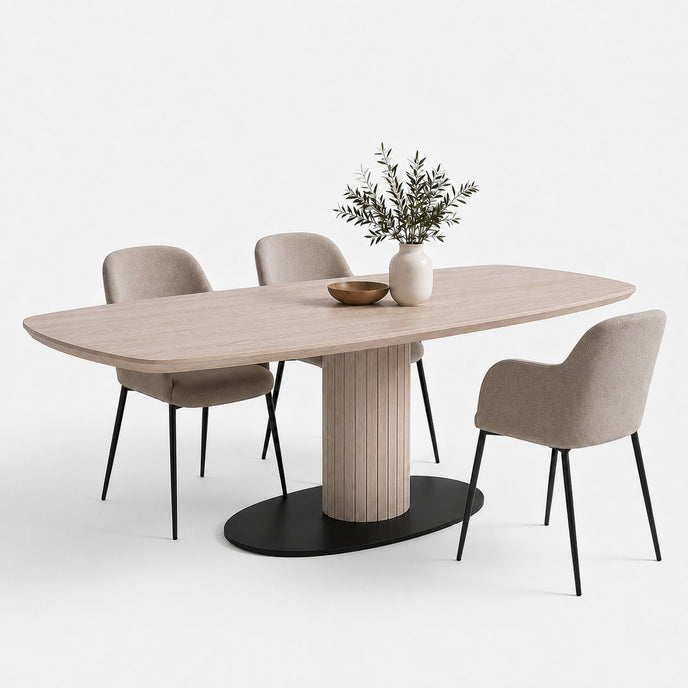Eettafel Deens Ovaal Column in de kleur White met een deens ovaal eikenhouten blad en ronde kolompoot op een zwarte stalen onderplaat.