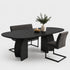 Deens ovale eettafel met dubbele designpoot in zwarte eikenhoutkleur, moderne houten eettafel met sculpturale V-poten