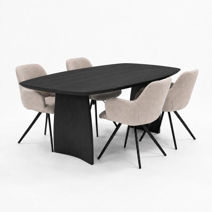 Deens ovale eiken eettafel met houten designpoten, facetrand en afwerking Black