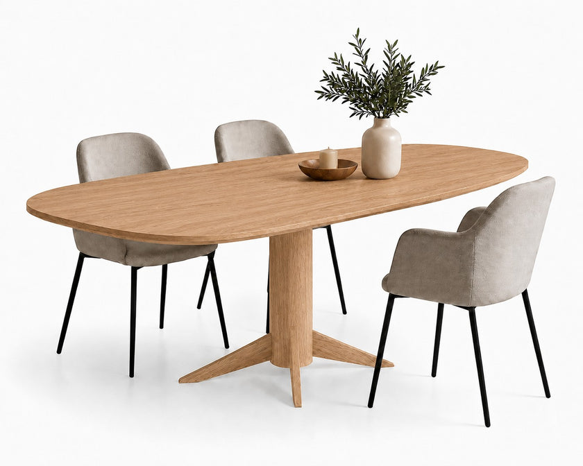 Eettafel Deens Ovaal Nexus in naturel eiken kleur met centraal onderstel