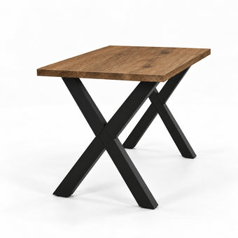 Hoge bartafel Denver met 4 cm dik massief eiken blad in sand en zwart stalen X-poot onderstel.