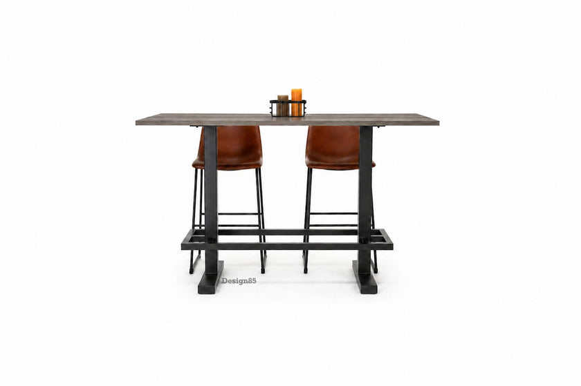 Horeca tafel deluxe met bruin eiken blad en zwart stalen onderstel, robuuste industriële bartafel voor horeca interieur