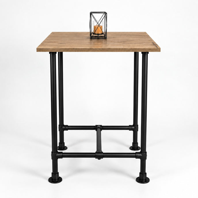 Horeca bartafel vierkant met robuust eiken tafelblad en zwart stalen buizenframe met geïntegreerde voetsteun