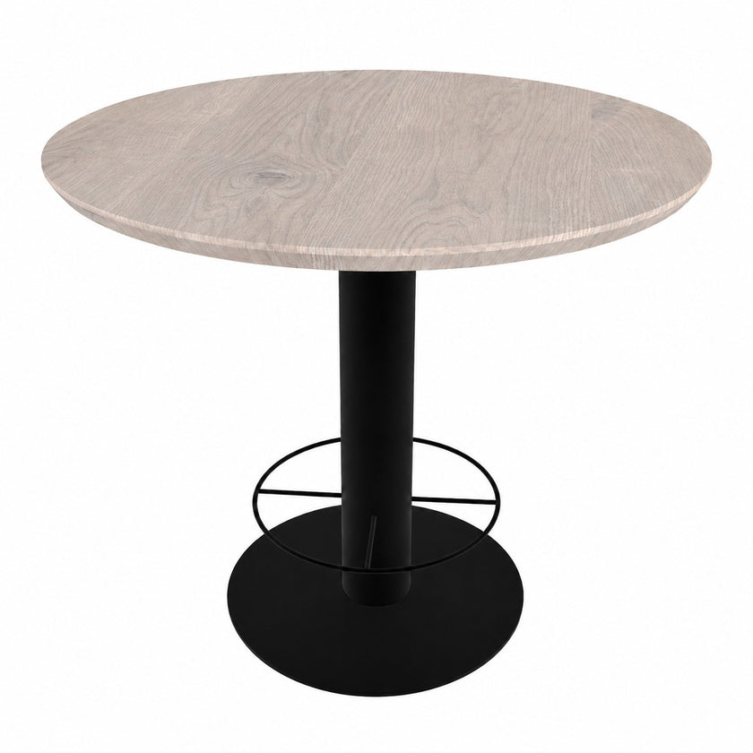industriele bartafel loft met een ronde stalen poot en een blad van eiken met facetrand in de kleur white. 
