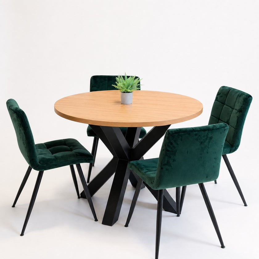 Moderne industriële eiken eettafel rond voor 4 personen met metalen onderstel en natuurlijke houtlook