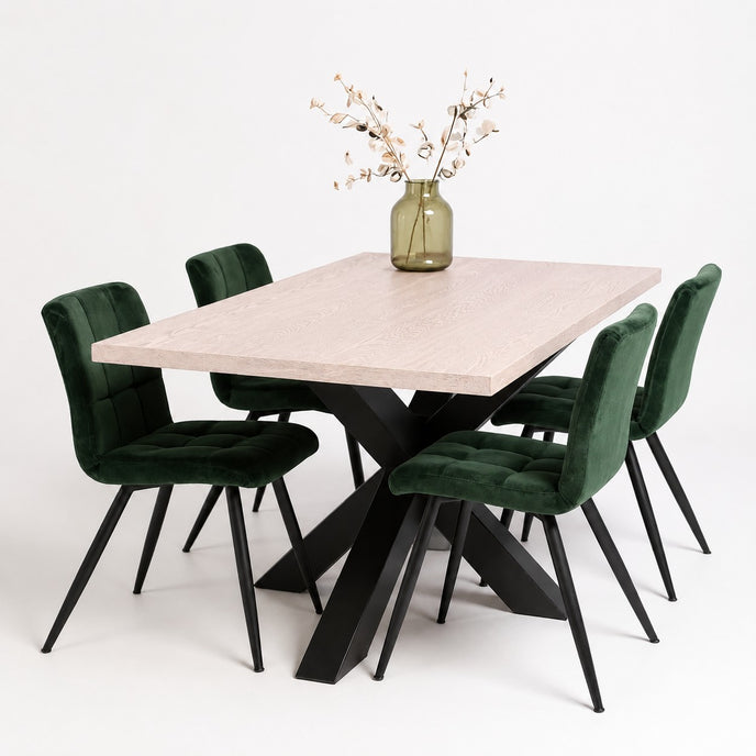 Industriële eiken eettafel Vulkaan met zwart metalen onderstel en eiken tafelblad in White afwerking, stijlvol en eigentijds design.