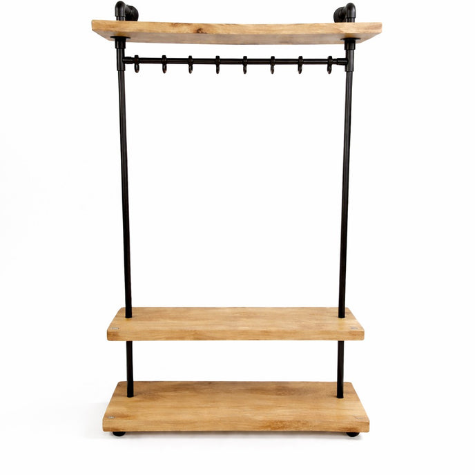 Staande kapstok met robuuste boomstam legplanken en industriële buizenconstructie