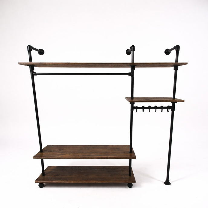 Staande industriële kapstok met eikenhouten legplanken en kledingroede