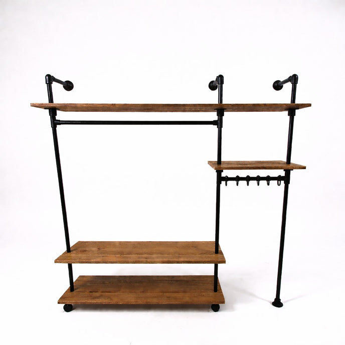 Robuuste kapstok van staal en eikenhout met meerdere legplanken