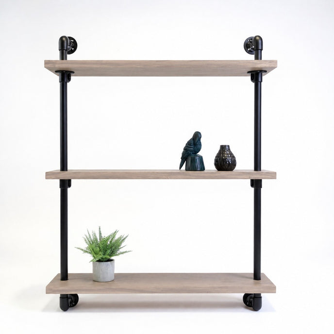 Industriële wandkast Glasgow met drie houten legplanken en zwart buizenframe