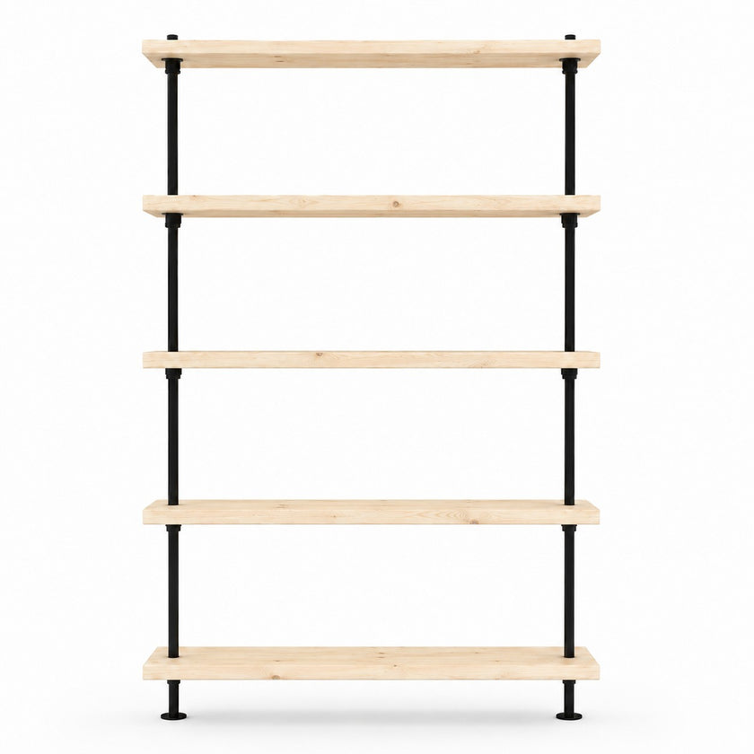Industriële kast met onbehandeld houten legplanken en zwart metalen frame
