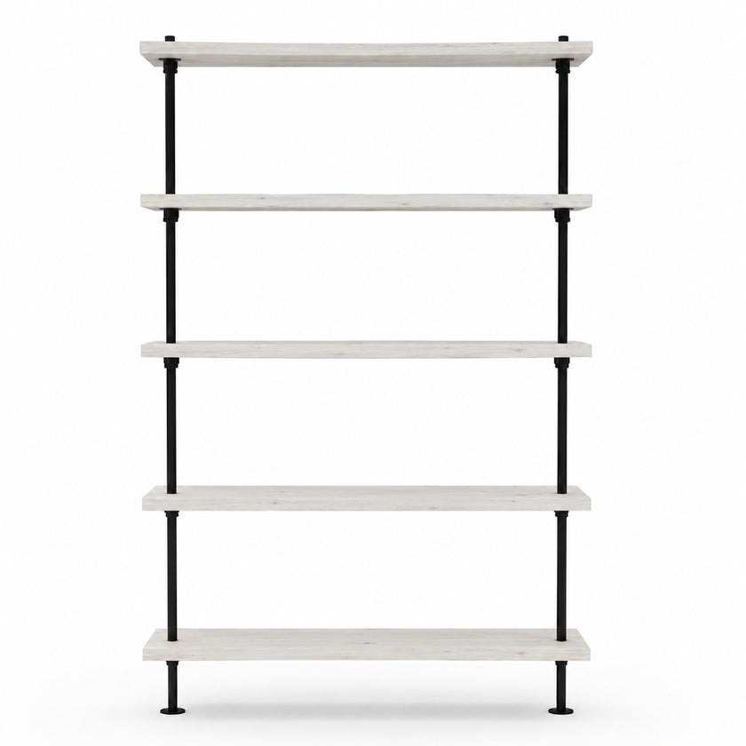 Industriële kast met legplanken van witte  vurenhout en zwart frame