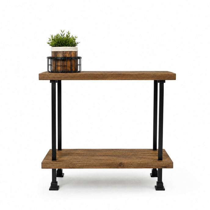 Stoere industriële kast Milaan met open opbergvakken, zwart frame en licht eikenhout.
