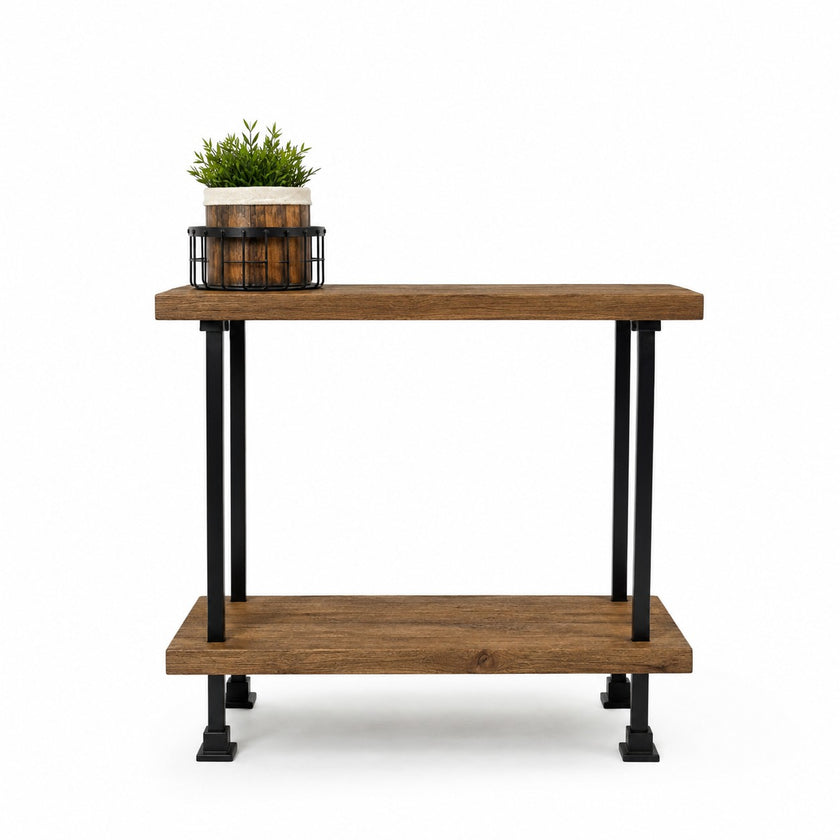 Stoere industriële kast Milaan met open opbergvakken, zwart frame en licht eikenhout.