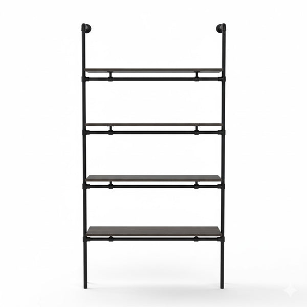 Industriële wandkast 80 cm breed van zwarte steigerbuis met legplanken van zwart vurenhout