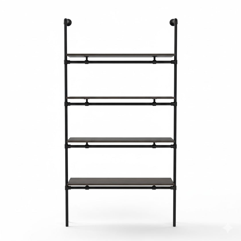 Industriële wandkast 80 cm breed van zwarte steigerbuis met legplanken van zwart vurenhout