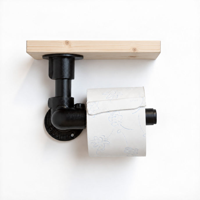 Industriële WC rolhouder Deluxe met plankje van onbehandeld vurenhout en zwarte steigerbuizen – Design85.