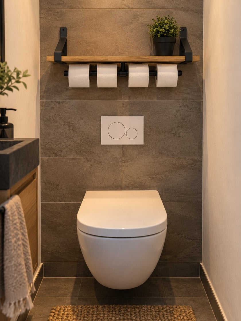 Industriële WC rolhouder Stijlvol van zwart staal met houten plank en vier toiletrollen, aan de muur gemonteerd boven een modern wit toilet in een sfeervolle toiletruimte.