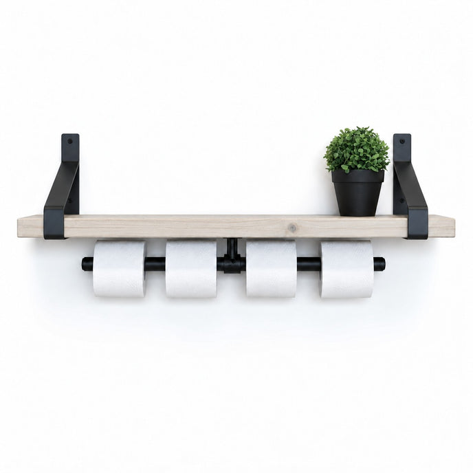 Industriële WC rolhouder Stijlvol met wit houten plankje, zwarte metalen beugels en praktische houder voor vier toiletrollen.