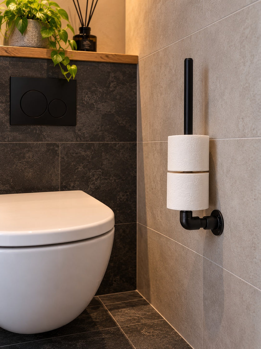Industriële WC Rolhouder van zwart staal met twee toiletrollen, aan de muur gemonteerd naast een modern wit toilet in een stijlvolle badkamer.