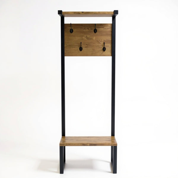 Kapstok staand modern met houten zitbank en zwarte metalen details voor de hal