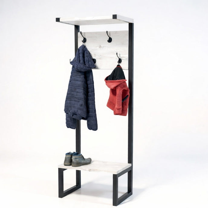 Staande moderne kapstok wit gewaxed met zitbank, hoedenplank en zwarte metalen frame