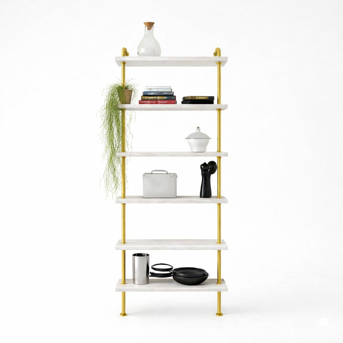 Industrieel kledingrek met stalen buizen en vurenhouten legplanken op witte achtergrond