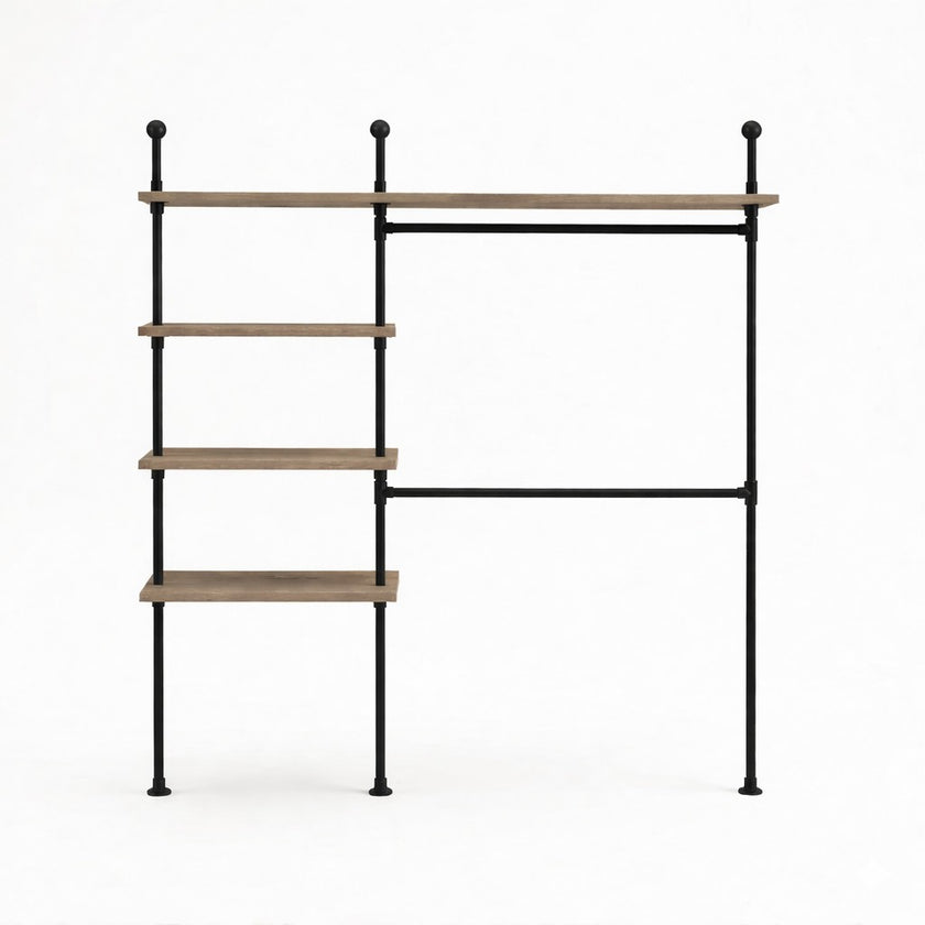 Kledingrek Muur stevig industrieel design met opbergrek en kledingstang in zwart staal en hout