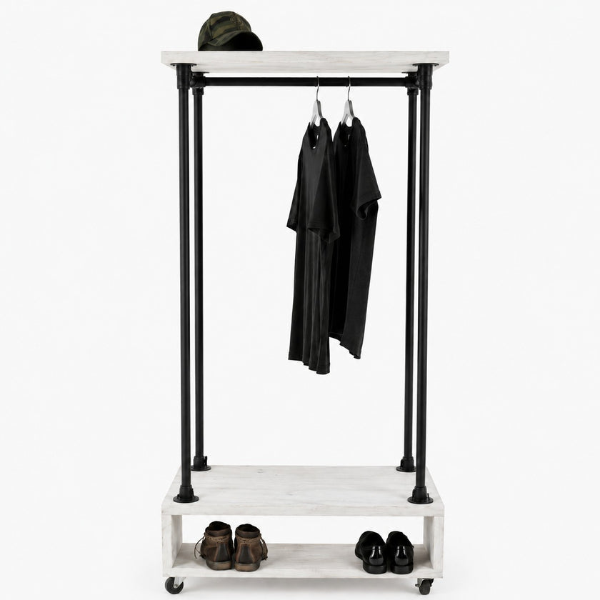 Kledingrek wielen Garderobe met wit hout, zwarte steigerbuizen, kledingstang en schoenenrek op wielen.