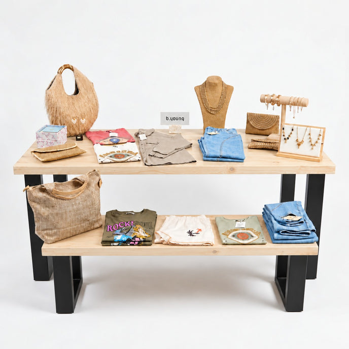 Presentatietafel winkel van onbehandeld vurenhout met zwart stalen onderstel voor kleding en accessoires.