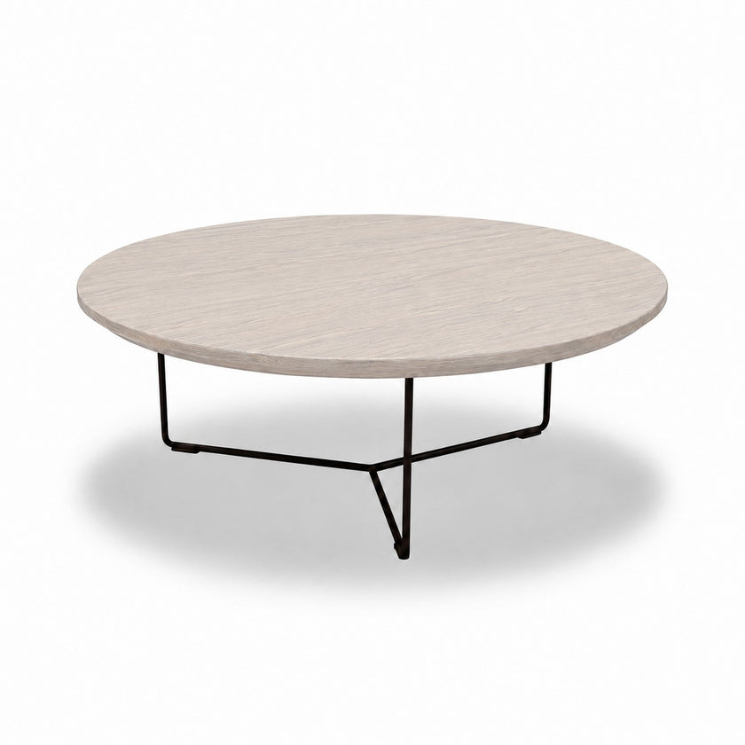 Ronde salontafel eiken met wit eiken tafelblad en zwart metalen onderstel