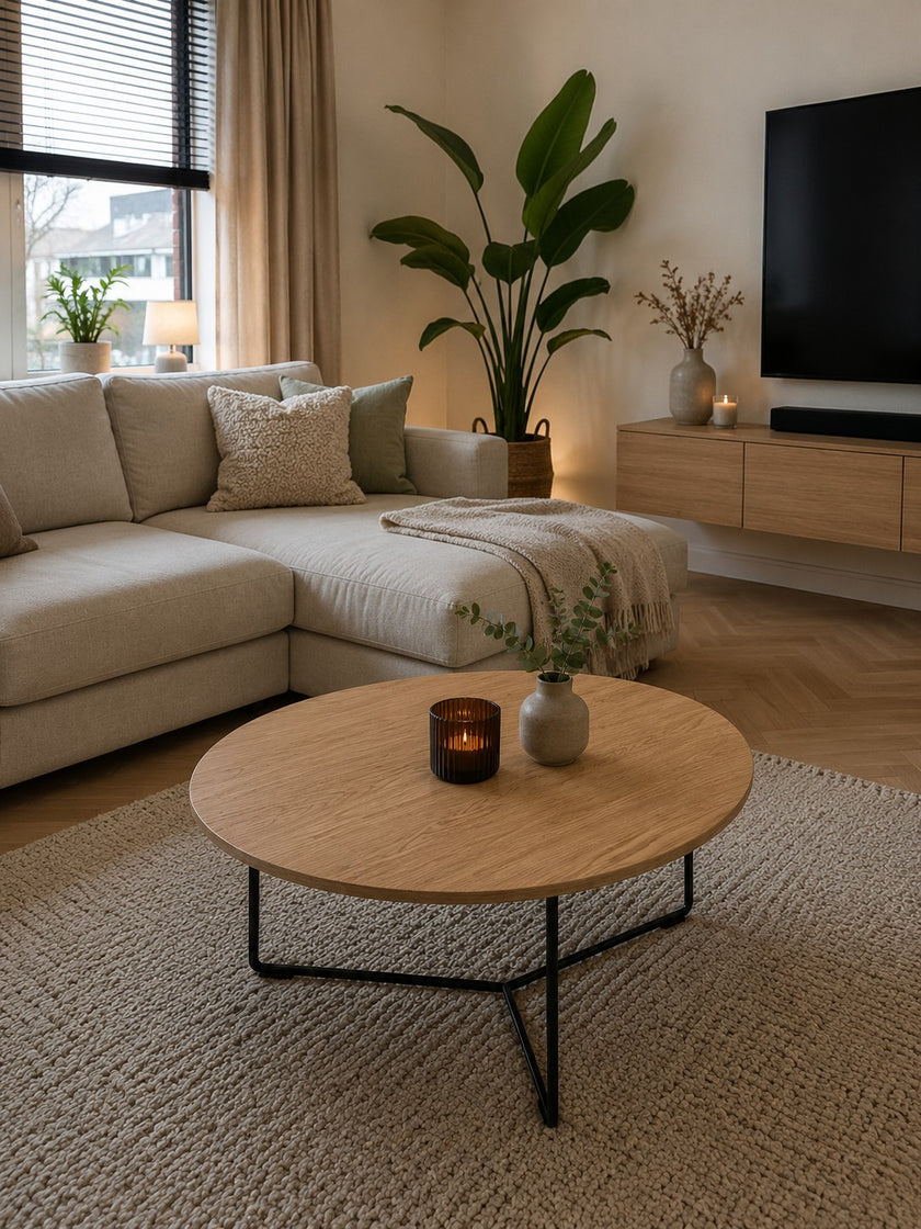 salontafel industrieel eiken in een moderne woonkamer op een kleed.