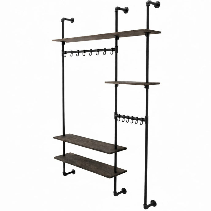 Steigerbuis kapstokwand met zwarte metalen buizen en donker eiken planken in black kleur