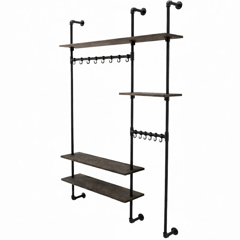 Steigerbuis kapstokwand met zwarte metalen buizen en donker eiken planken in black kleur