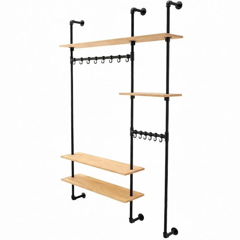 Steigerbuis wandkapstok met zwarte steigerbuizen en naturel eiken legplanken