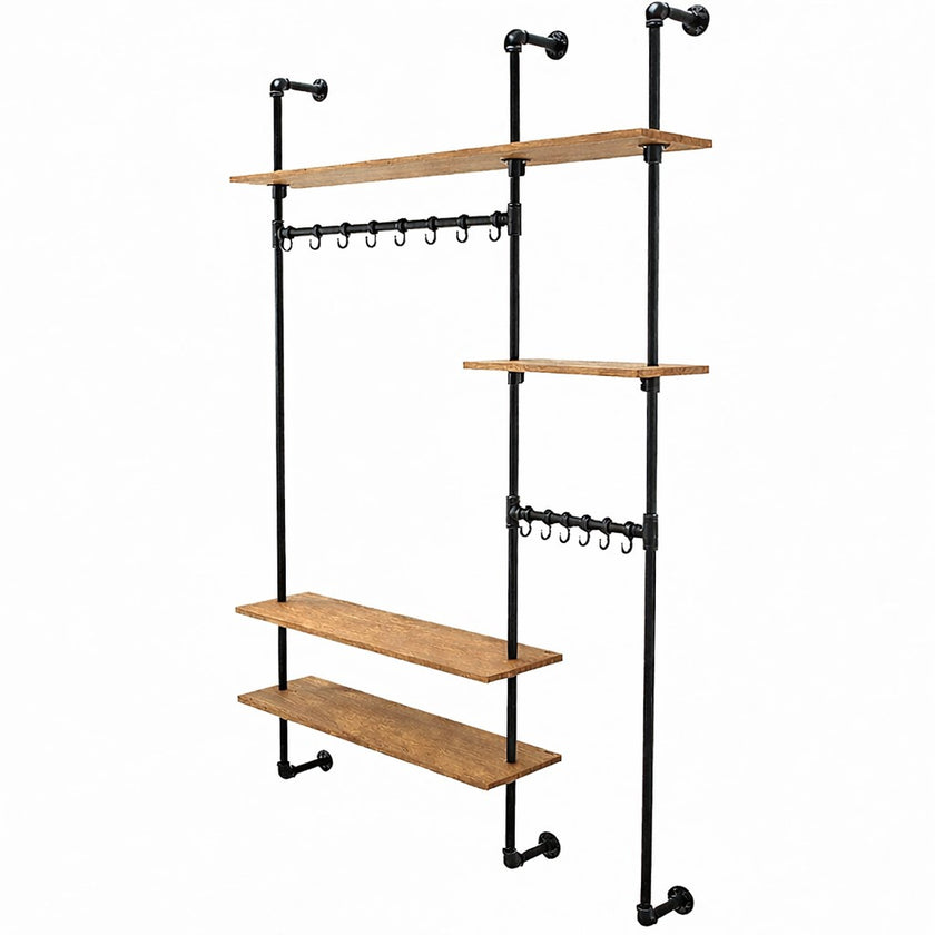 Steigerbuis kapstok met sand eiken planken en zwarte metalen buizen