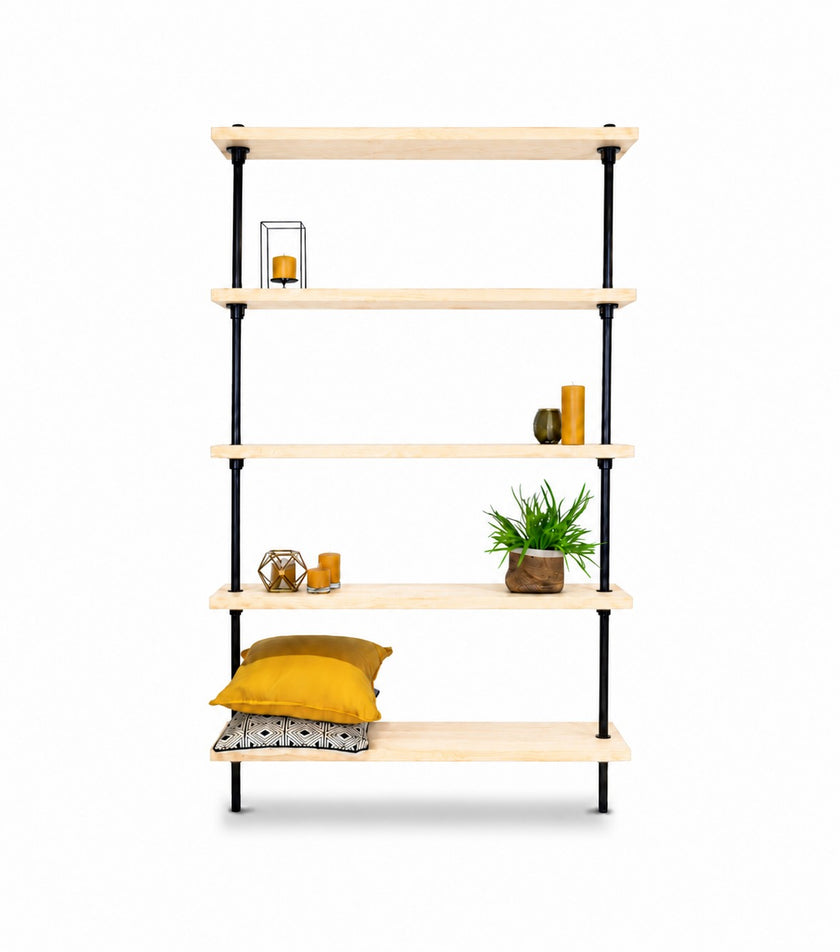 Open vakkenkast Luxe van steigerbuizen met robuuste houten schappen