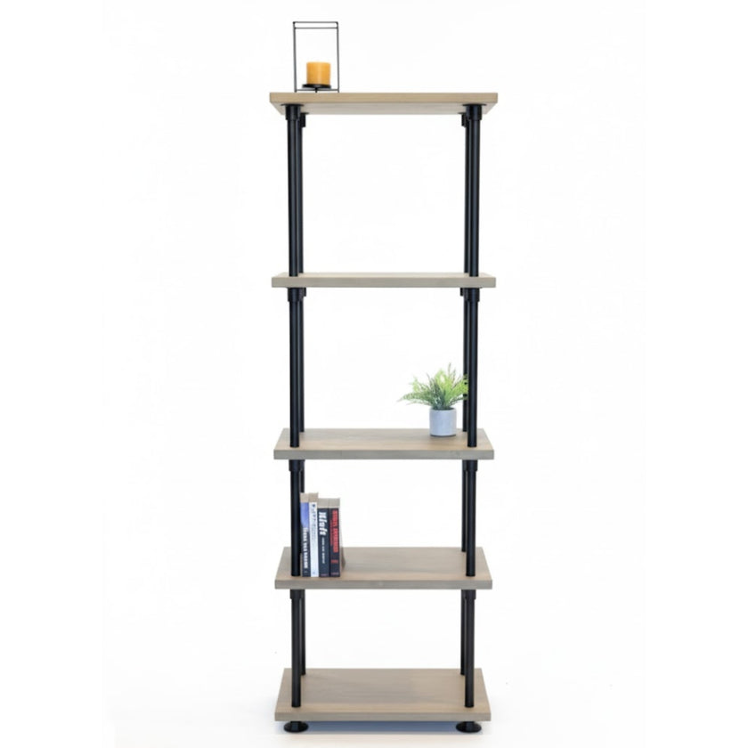 steigerbuis kast zwart met houten legplanken en open vakken
