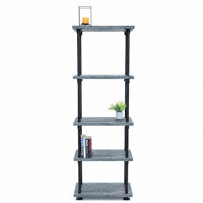Industriële open kast zwart met steigerbuis frame en houten opbergplanken
