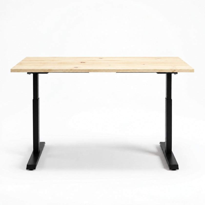 Zit sta bureau hout met onbehandeld vurenhouten blad en zwart verstelbaar metalen onderstel.